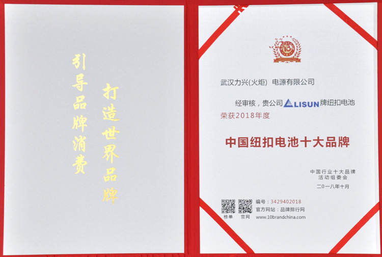 LISUN/力興 was selected as one of the top 10 button battery brands in China for the year 2018.